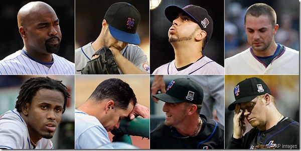 (Clockwise from top right) Delgado, Maine, Perez, Wright, Putz, Niese, Beltran and Reyes have all fallen victim to various maladies